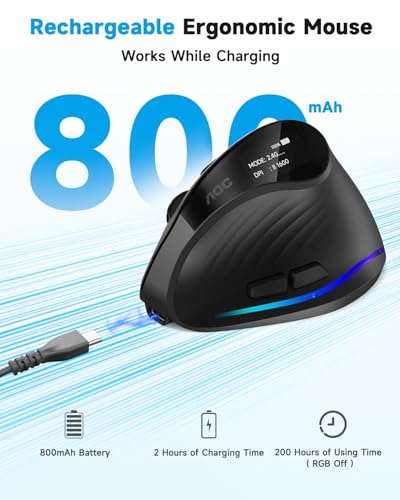 Image of AOC 2.4GHz Ergonomic Mouse, Wireless Bluetooth Vertical Mouse for Work, 4800 DPI Optical Tracking, 5 Adjustable DPI, Quiet Clicks, RGB Light, Compatible with Computer, Laptop, PC, Mac, Desktop - Black