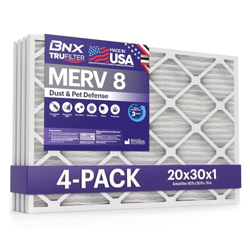 Image of BNX TruFilter 20x30x1 Air Filter MERV 8 (4-Pack) - MADE IN USA - Dust & Pet Defense Electrostatic Pleated Air Conditioner HVAC AC Furnace Filters for Dust, Pet, Mold, Pollen MPR 600 - 700 & FPR 5