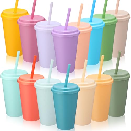 Honeydak 15 Pcs Reusable Plastic Tumbler with Lid&Straw,Glitter,Solid