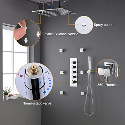 Luxury Ceiling Rain Shower System That Runs All Functions At Once, 16'' Full Body Thermostat Shower System with Jets(With Switch),Overhead Shower Head and Handheld Sprayer Kit, Flow Adjustable,Chrome — view 2