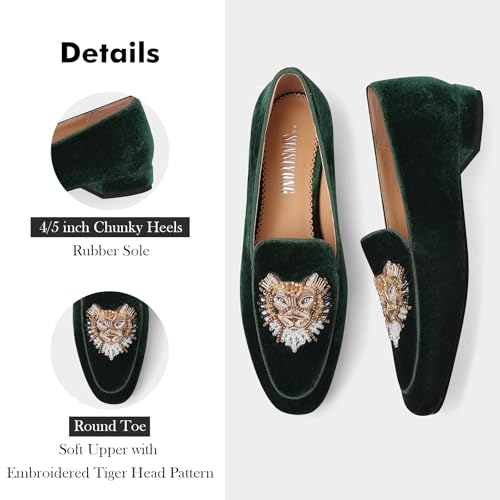 Image of Embroidered Loafers for Women Round Toe Chunky Heel Velvet Flats with Lion Head Pattern Wide Width Dress Casual Shoes
