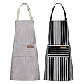 NLUS 2 Pack Kitchen Cooking Aprons, Adjustable Bib Soft Chef Apron with 2 Pockets for Men Women(Black/Brown Stripes)