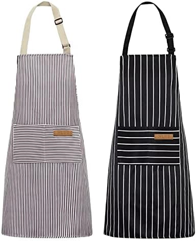 NLUS 2 Pack Kitchen Cooking Aprons, Adjustable Bib Soft Chef Apron with 2 Pockets for Men Women (Black/Brown Stripes)