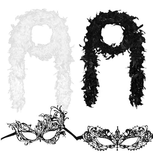 GWAWG Lot de 2 Boa Plume + 2 Masque Bal Masqué Dentelle, Noir & Blanc, Accessoire Femme Soirée Charleston, Carnaval, Halloween, Masque Vénitien Femme pour...