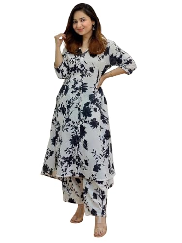 Image of Leriya Fashion Women's Cotton Printed A-Line Kurti Pant Set | Abstract Leaf & Floral Kurta with Trouser Pant | Casual Ethnic Co-ord Set for Women Stylish | Elegant Anarkali Style Tunic Kurta Set
