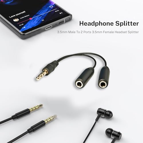 Image of 3.5mm Audio Jack Splitter Cable Adapter, Stereo Male to Dual Female Headphone & Mic Y Splitter, AUX Extension Cord for Mobile, Laptop, PC, Tablet - Colors May Vary