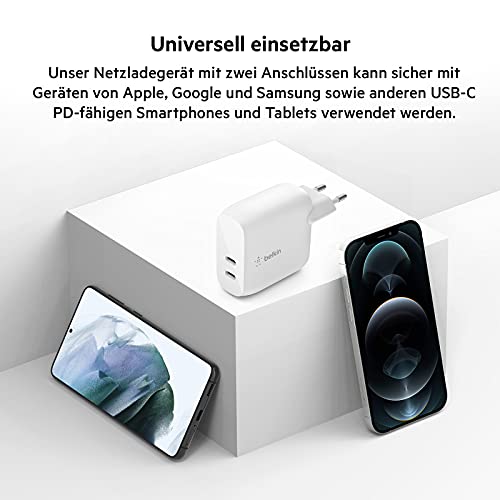 Belkin 40-W-USB-C-PD-Ladegerät (2 USB-C-Ports mit 20 W je Port, Schnellladen mit Power Delivery für das iPhone 14, 13, oder 12, iPad Pro… – Ansicht 6