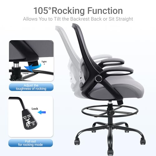 Image of HYLONE 400lbs Heavy Duty Drafting Chair 5 inch Thickened Seat Office Chair with Flip-Up Armrests Tall Ergonomic Computer Chair with Lumbar Support and Adjustable Footrest Ring Standing Desk Chair(Grey)