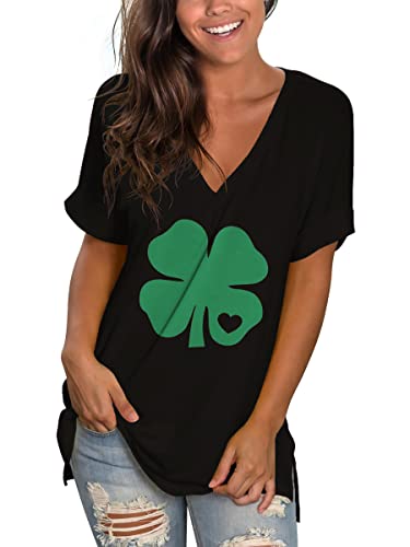 Image of Sampeel Women's V Neck T Shirts Casual Rolled Short Sleeve Side Split Summer Tops Loose Fit