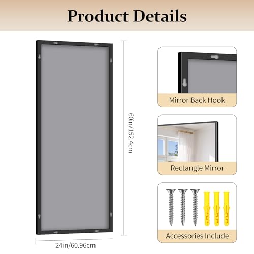 Image of COFENY Black Bathroom Mirror for Wall, 24x60 Inch Rectangle Mirror with Metal Frame, Modern Vanity Mirrors for Bathroom Living Room, Entryway Hangs Horizontal or Vertical