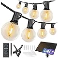 DAYBETTER 100FT Solar String Lights Outdoor Waterproof with Remote,50 LED Bulbs Dimmable&Timer,Patio Lights Solar Powered, Weather Resistant for Patio, Garden, Yard, Pathway