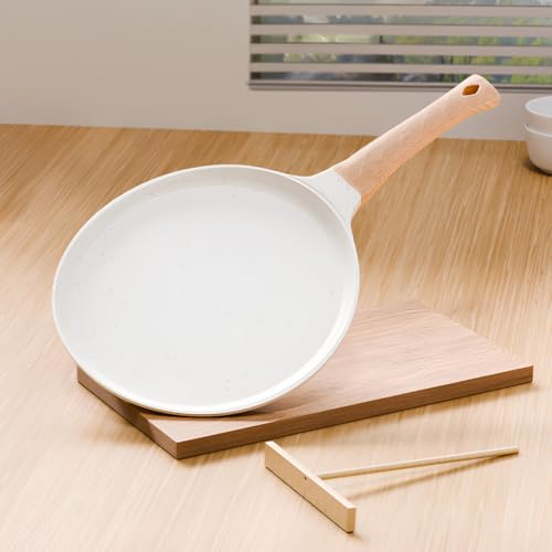 HomeEssentials Maifan Nonstick Tawa - 28cm | Healthy Nonstick Pan with Wooden Handle | Easy to Clean Cooking Pan for Chapati, Pancakes & Omelets | Induction & Gas Stove (White)