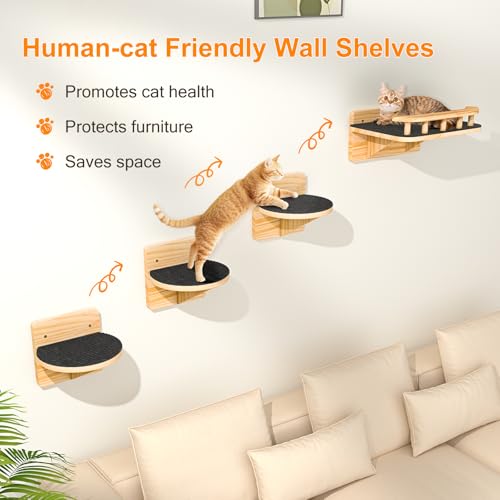Image of XiaZ Cat Wall Shelves, Cat Wide Climber Shelf with 3 Perch Steps, Kitty Wall Mounted Wooden Furniture up to 25lbs, Durable Floating Cats Stairs for Indoor Sleeping, Playing, Climbing and Lounging