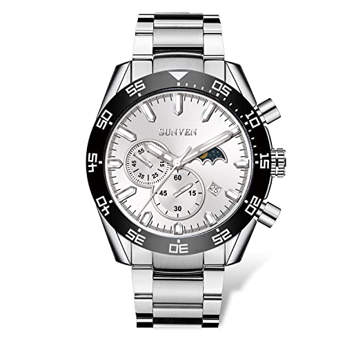 SUNVEN Wrist Watches for Men Moon Phase Chronograph Waterproof Quartz White Men's Wrist Watches Stainless Steel Band