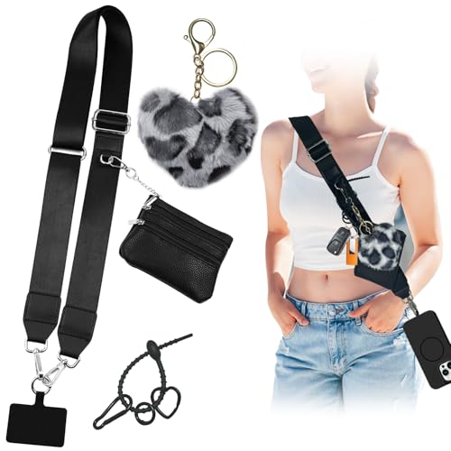 VirgoCCY Clip and Go Phone Strap with Zipper Pouch Crossbody, Adjustable Chain Lanyard Leather Wallet with Cute Furry Charms and Lovely Key Chain Holder for All Phones, Black