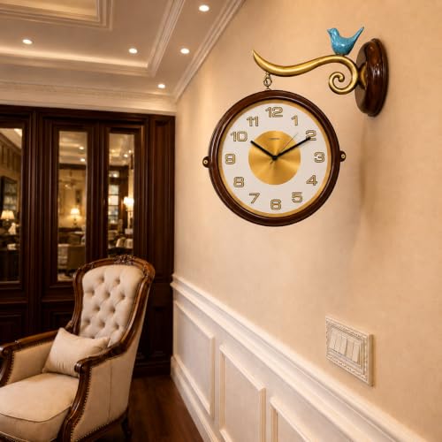Image of Armonia Premium Heritage Royale Double-Sided Station Wall Clock, 18.5 Inch Vintage Analog Dual Face Hanging Clock, Silent Quartz Movement, Acrylic Wall Clock for Living Room,Office, Home Decor (Brown)
