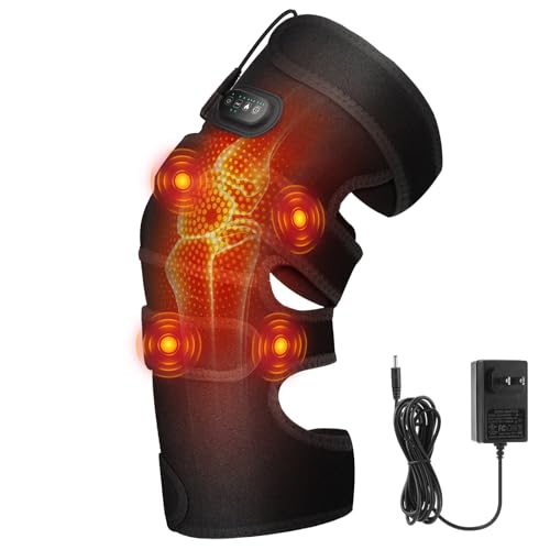 GVMSOR Extra-Large Heated Knee Massager with 4 Motor Vibration, Heating Pad Vibration for Pain Relief, Knee Brace Knee Wrap Adjustable 5 Massage Modes &3 Heated 12V Direct Plug Power Supply
