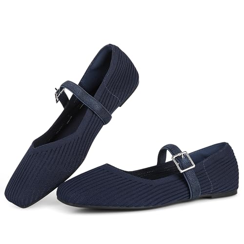 Image of CELNEPHO Flats for Women Mary Jane Shoes Ballet Flats Shoes Square Toe with Ankle Strap Dressy Comfortable Office Shoes