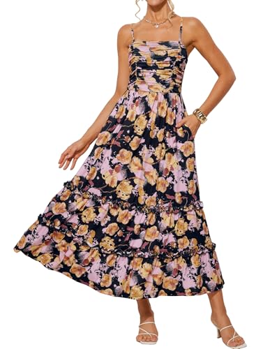 GRACE KARIN 2025 Women's Summer Floral Maxi Dress Casual Sleeveless Ruffle Tiered Wedding Guest Flowy Dresses with Pockets
