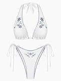 ZAFUL Women's Triangle Bikini Multiway Fishnet Tie Side Bandeau Halter String Bikini Set Two Piece Swimsuit Bathing Suits (3-Floral Embroidered Blue, S)