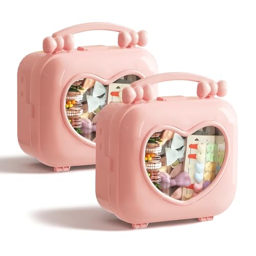 Image of KiZY Girl Kid Hair Accessories Storage Box | Hair Ties-Clips, Bow-Ribbon-Headband, Jewelry Organizer | Portable Case | Available in Multiple Design-Color. (Pack of - 2, Pink Suitcase)
