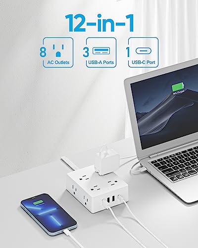 Surge Protector Power Strip 10 ft Cord, Olcorife Ultra Thin Flat Plug Extension Cord, 8 Outlets 4 USB Ports(1 USB C), Flat Plug Outlet Extender, College Dorm Room Essentials, White - Image 3