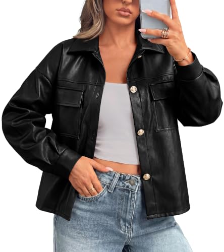 PRETTYGADEN Women's Button Down Faux Leather Jacket,Black,Medium