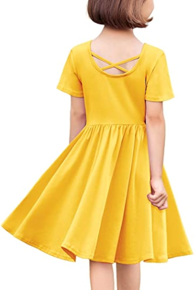 Arshiner Girls Dress Short Sleeve Solid Summer A-line Swing Twirly Skater Casual Dresses for Kids 4-14 Years