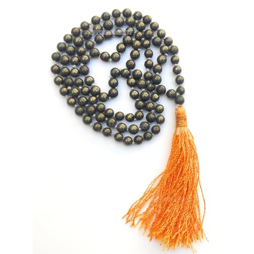 Image of Apnisanskriti Premium Natural Pyrite Stone Mala for Men and Women (6mm, AAA Quality, Lab Certified, 108+1) - Natural Stone Beads Mala - Beassy Yellow Colour - Pack of 1
