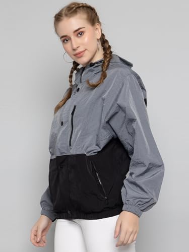 Image of CHKOKKO Womens Stylish Oversized Windcheater Jacket with Zip Closure Lightweight Sportswear for Running Travel Hiking Outdoor and Rainy Season Wear GreyBlack 3XL