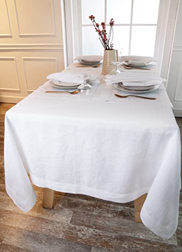 D'moksha Tablecloth White 60 X 144 Inch For Rectangle Table, Pure Linen Hemstitch Tablecloth 144 Inches Long For Summer, Wedding, Party, Outdoor, Machine Washable #TOP2