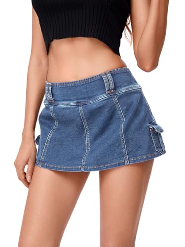 Floerns Minissaias jeans femininas casuais evasê flare com bolso, Azul claro, Medium