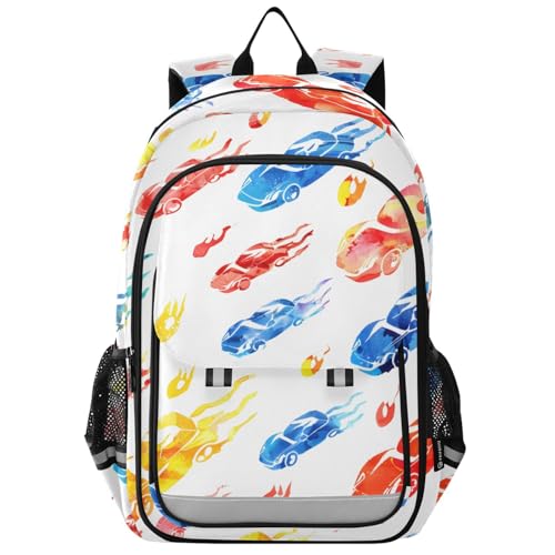 senya Watercolor Race Cars Backpack Water-Resistant Bag Lightweight Bookbags with Reflective Strip