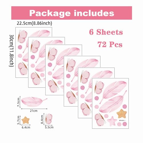 72 vinilos adhesivos rosa de plumas y mariposas para pared miniatura 3
