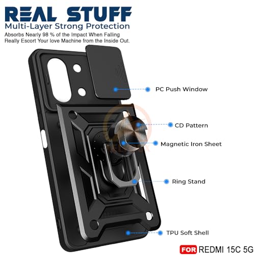 Image of Armor Bumper Back Cover Case for Redmi 15C 5G / Poco C85 5G Rotating Camera Cover, Ring Holder & Kickstand | Heavy Duty & 360 Degree Protection Redmi 15C 5G / Poco C85 5G Back Cover (Black)