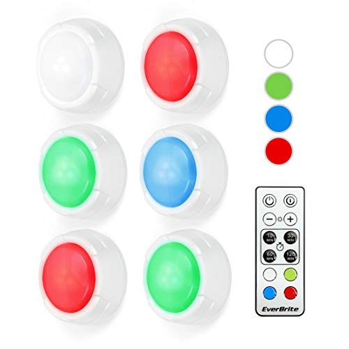 EverBrite Lot de 6 Lampes de Placard avec 4 Couleurs 10 Luminosités Réglables, Lampe Adhésive LED avec Télécommande pour Décor Intérieur, Cuisine, Entrée, Penderie, Etagère 18 Piles Incluses