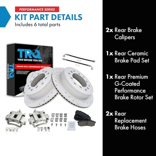 Image of TRQ Performance Rear Brake Pad and Rotor Set Ceramic Slotted Drilled Calipers Compatible with 2010-2021 Lexus GX460 2010-2020 Toyota 4Runner