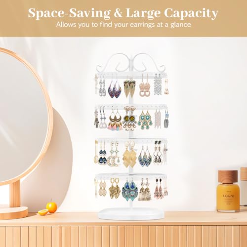 Image of MODOWEY 4 Tiers Metal Rotating Earring Holder Organizer Stand Adjustable Display Tree, 176 Holes Large Carousel Rack for Stud Hoop Pierced Dangling Women, Idear View for All Earrings, White