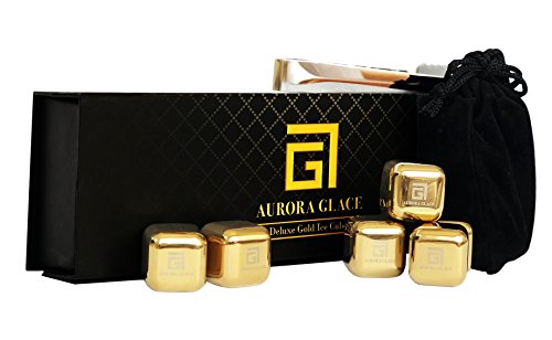Aurora Glace | Whiskey Stones Deluxe Gift Set - GOLD Stainless Steel Reusable Chilling Ice Cubes with Barman Tong & Velvet Bag for whiskey, wine, coffee & tea | Pack of 6