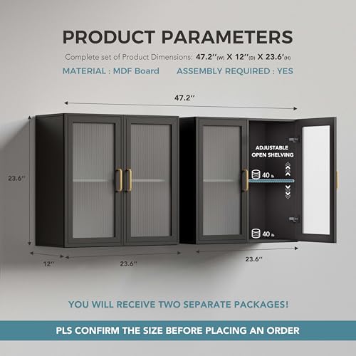 24”W Wall Cabinet with Acrylic Glass Doors Set of 2, Kitchen Wall Cabinets with Adjustable Shelf, Laundry Room Wall Mounted Cabinet, Bathroom Wall Cabinet with Light(Black) - Image 3