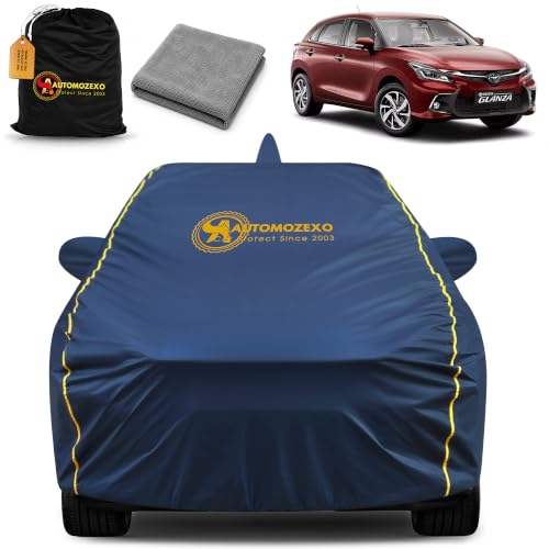 Image of Toyota Glanza 100% Waterproof Car Cover (Midnight Blue) 6LYR HDPE 200gsm Strong Fabric for All Weather Protection, Mirror & Antenna Pocket, Cotton Layer Cover, Adjustable Elastic Straps