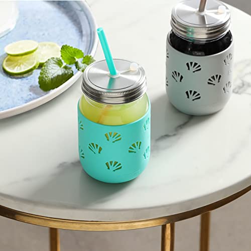 16 Oz Mason Jars With Protective Silicone Sleeve, Mason Cups Drinking Glass With Straws And 8Pcs Stainless Steel Lids - Bpa Free (4Color Asst Shell) #TOP2