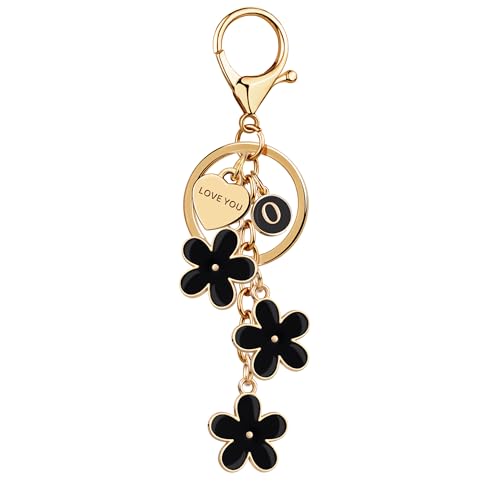 Suweibuke Initial Letter Keychain with Love You Heart, Cute Key Chain Gift for Women Girl, Charm for Keys Handbags Backpacks (Black-O)