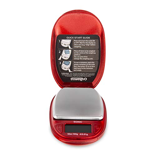 Truweigh Sonic Digital Mini Scale (100G X 0.01G - Red) - Digital Travel Scale - Mini Digital Scale - Small Pocket Size Scale - Traveling Scales Digital Weight - Travel Digital Kitchen Scale #TOP1