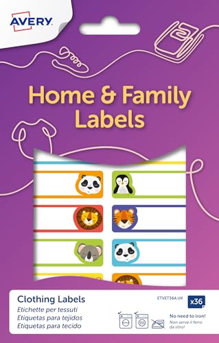 Avery Stick-On Clothing Labels with Animal Patterns, No Ironing or Sewing, 45 x 13mm, White, 36 Labels Per Pack (ETVET36A.UK) - Image 2