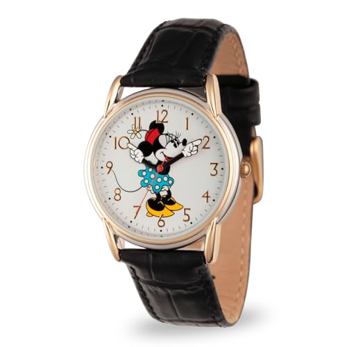 Disney Minnie Mouse Watch for Women – Stylish Minnie Mouse Watches for Women, Perfect Watch, Elegant 's Timepiece, Black Leather Strap, Silver Case, White Dial