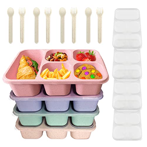 16pcs Bento Box Set, 1300ML Lunch Box with 5 Compartments,Reusable & Stackable Snack Boxes for Picnic and School, Microwave/Dishwasher/Freezer Safe, Bpa-Free(4 Packs)