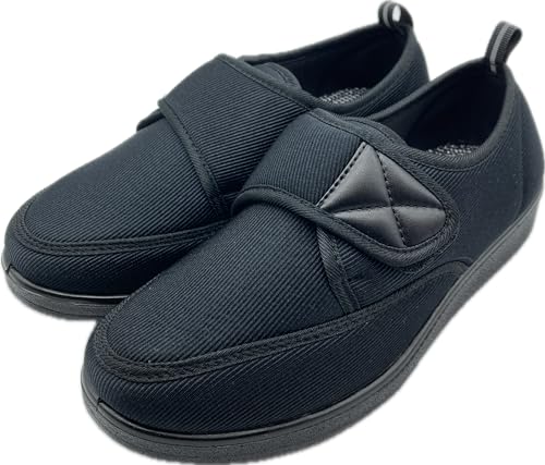 介護シューズ 超軽量 男性用 3E 室内 室外 介護靴 つまづき防止 面ファスナー 黒 紳士 リハビリシューズ スリッポン マジック反射材 (ブラック, 26.5cm)