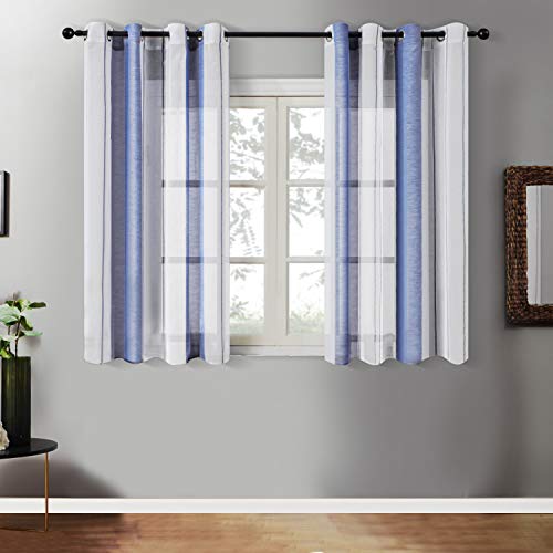 Topfinel Cortinas Dormitorio Cocina Infantiles Moderno Rayas Translúcidas netas Visillos Paneles para Ventanas niños Habitaciones Gasa con Blanco de Ojales,140x160cm 1 par Azul Marino