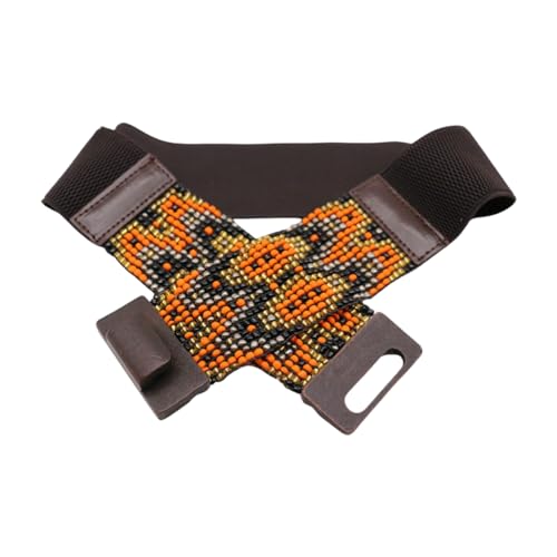 Women Ethnic Fashion Elastic Band Orange Gold Beads Belt Hip Wood Buckle S M